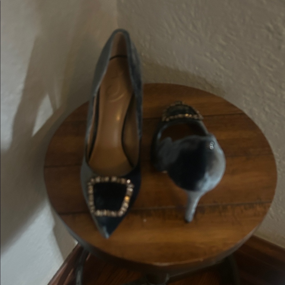 Sam Edelman Black Velvet Pointed Toe Heels with Jewel Buckle